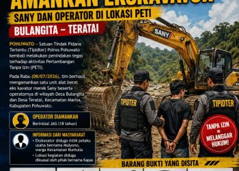 Tipidter Polres Pohuwato Tindak PETI di Bulangita–Teratai, Ekskavator Sany dan Operator Diamankan