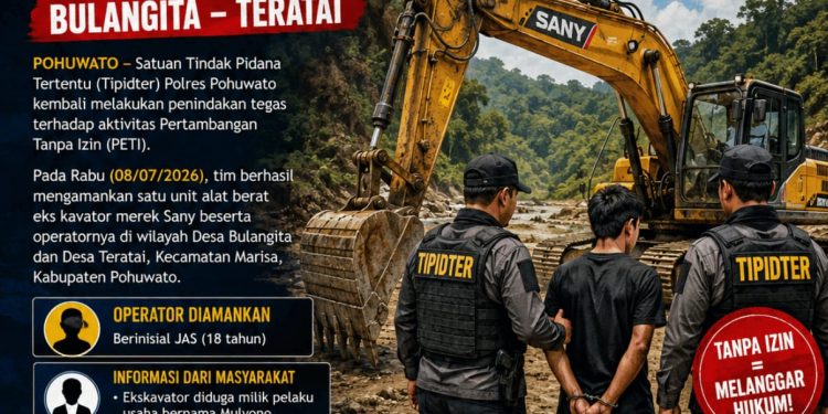 Tipidter Polres Pohuwato Tindak PETI di Bulangita–Teratai, Ekskavator Sany dan Operator Diamankan